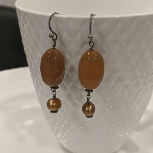 Sterling silver and fresh water pearl and carmel jade earrings